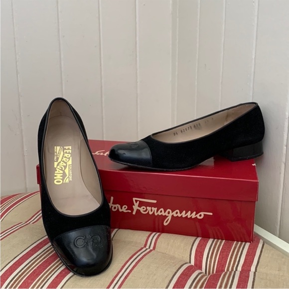 Salvatore Ferragamo Genuine Calf Suede and Leather Logo Front Agile Pumps